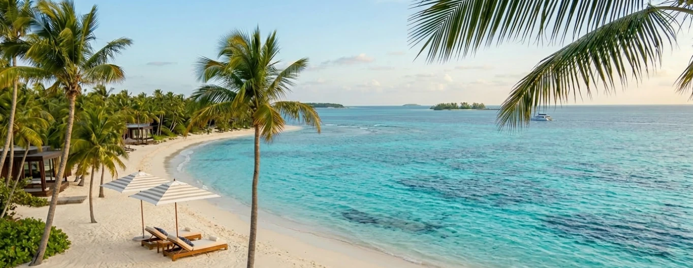 Wide white sand beach with calm turquoise water, overhanging palm trees, and a row of sun loungers in the shade on a clear sunny day