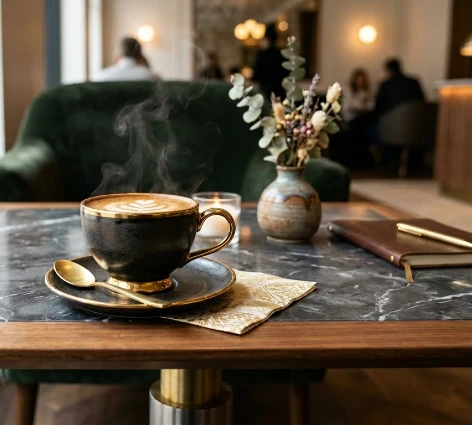 Steaming latte in a black and gold ceramic cup on a dark marble table, beside a small ceramic vase with dried flowers, a lit candle, and a leather notebook with a gold pen, in a warmly lit private members lounge