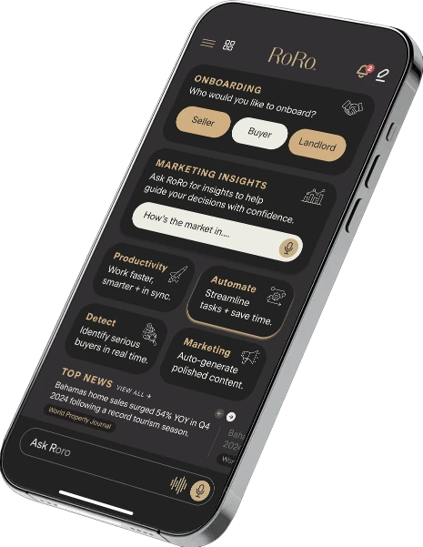 Smartphone showing the RoRo intelligence platform with a dark-themed screen displaying market data, performance metrics, and brokerage analytics