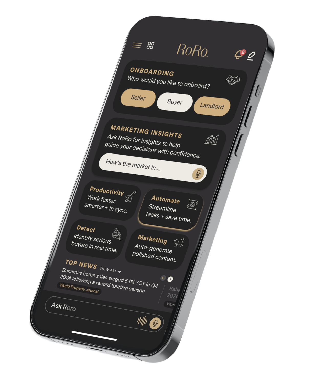 Smartphone mockup of the RoRo platform showing a dark-themed dashboard with market intelligence data, performance metrics, and brokerage workflow tools