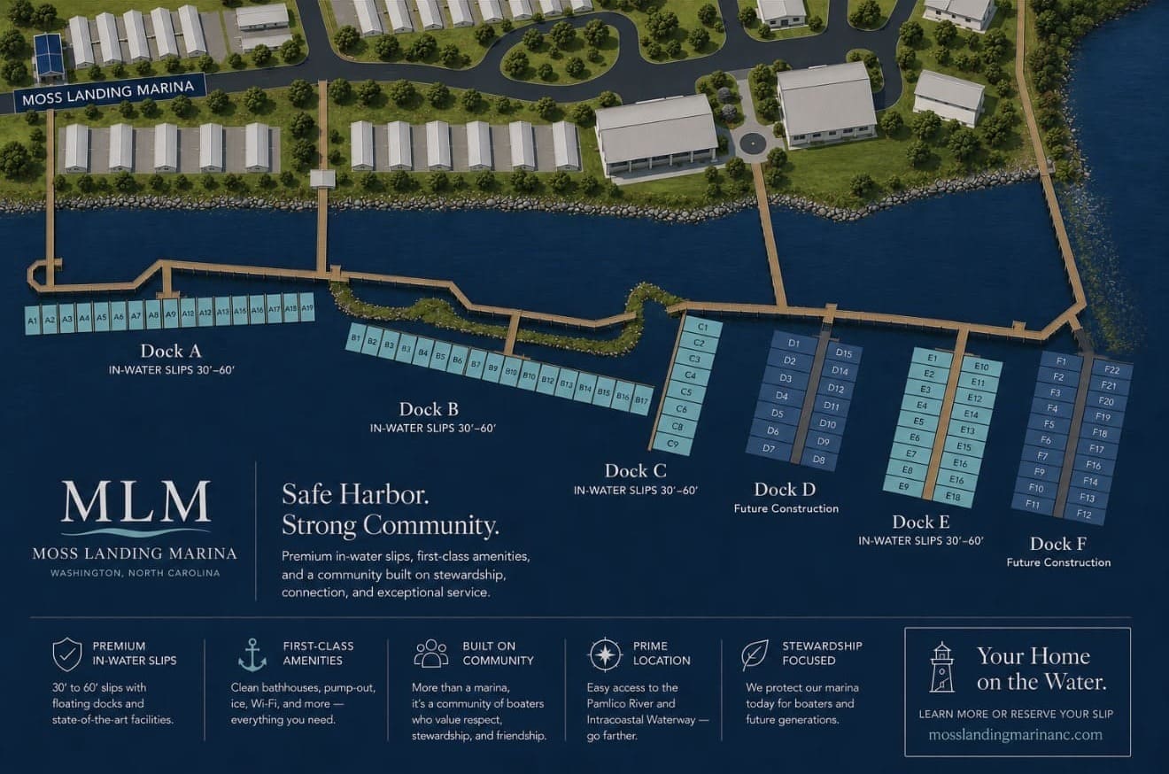 Moss Landing Marina site map showing the layout of Docks A through F