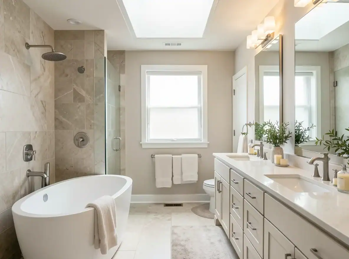 Primary bathroom staged and well maintained for listing