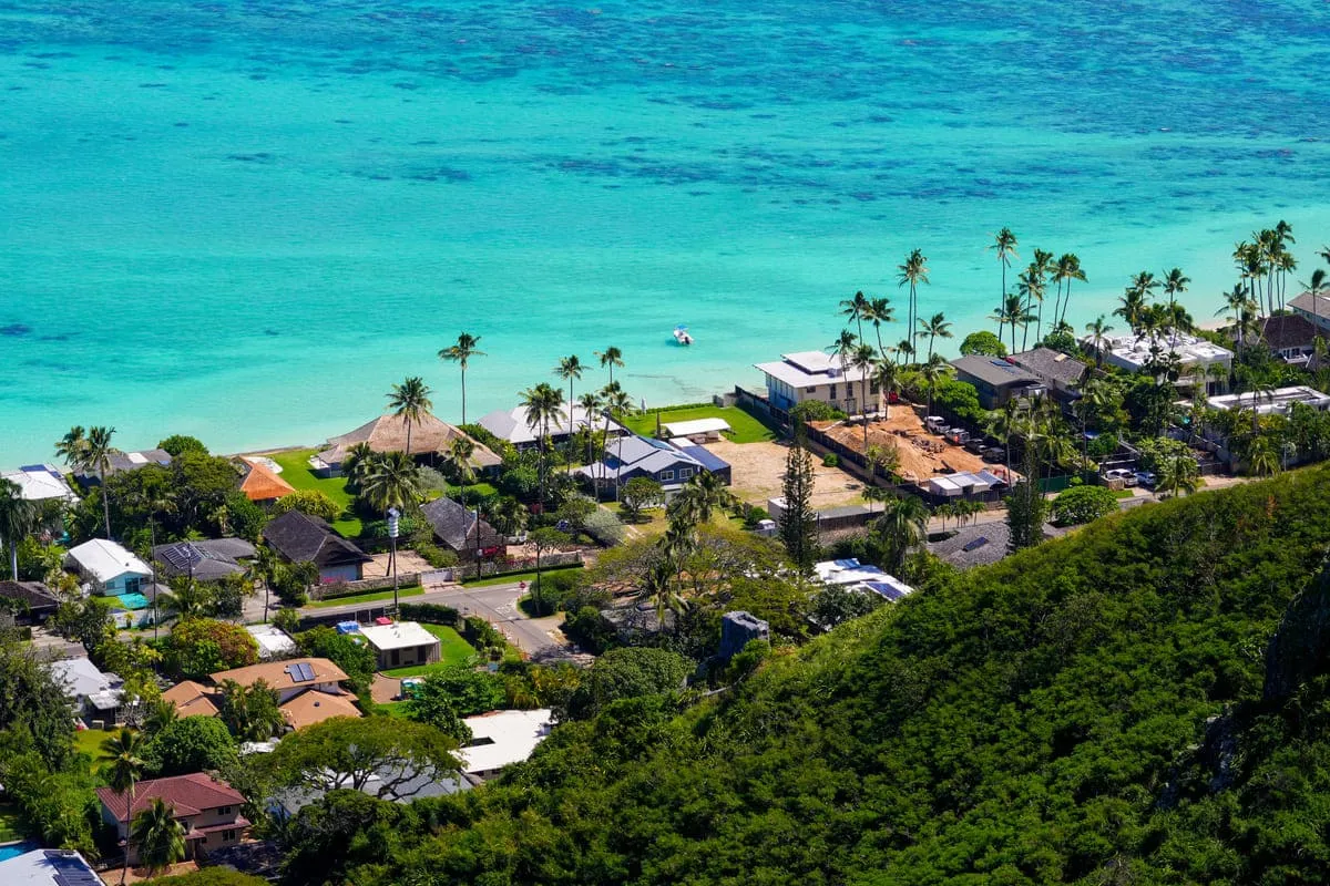 Ocean front neighborhood of Lanikai Beach in Kailua