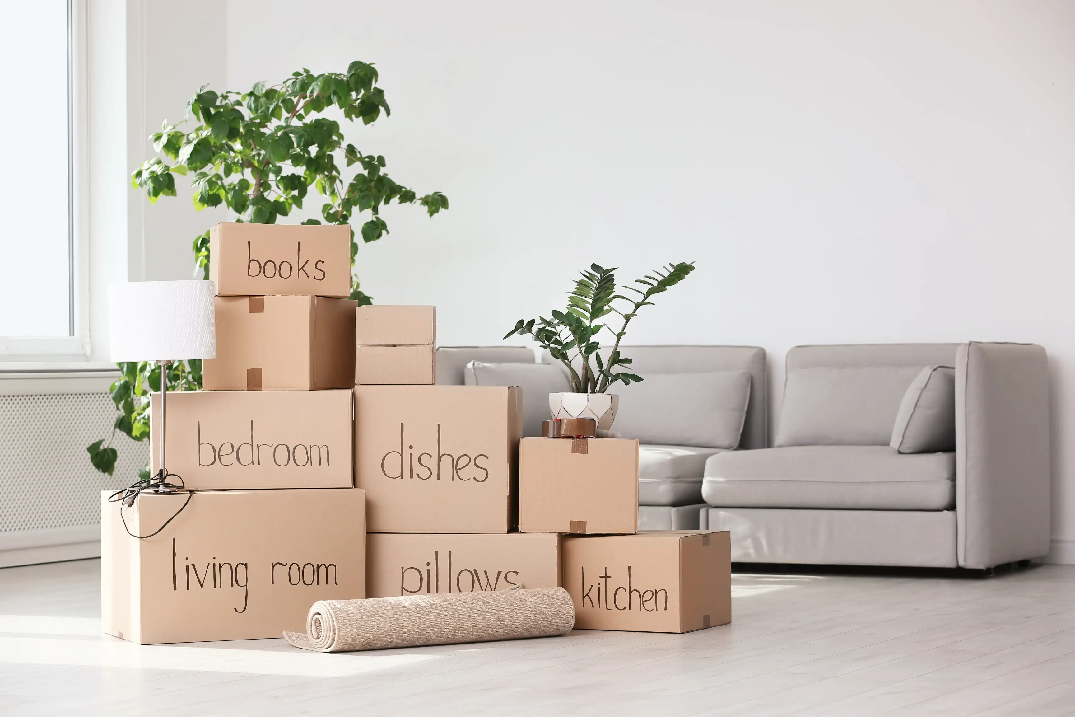 Pile of moving boxes and household stuff in living room 