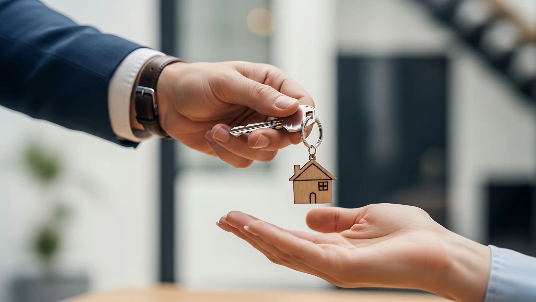 Real estate agent handing house keys to new homeowners on closing day