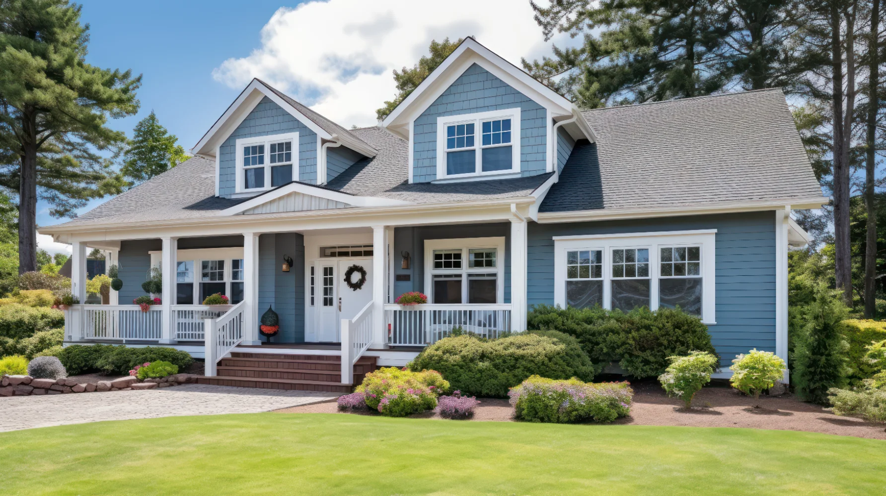 Luxury house with beautiful landscaping on a sunny day. Home exterior