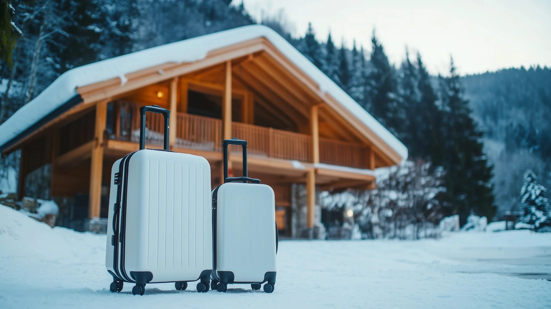 Winter travel holiday cabin snow destination with white suitcases cozy mountain chalet vacation rustic snowy countryside getaway snowy forest tourism accommodation abnb rent home holidays copy space 
