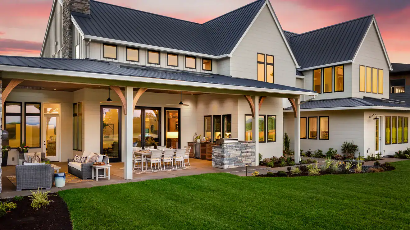 New home exterior at sunset