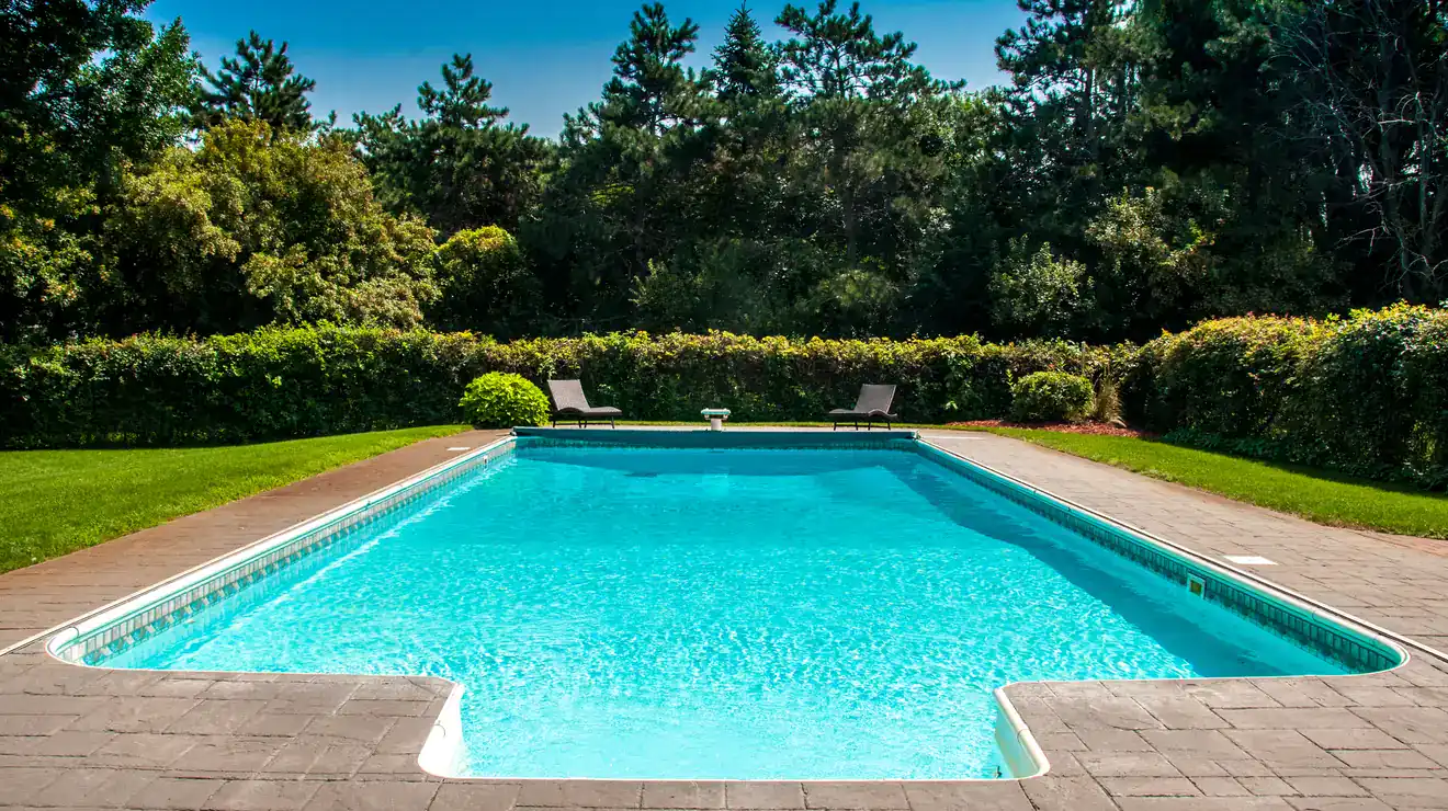 Backyard swimming pool and lawn