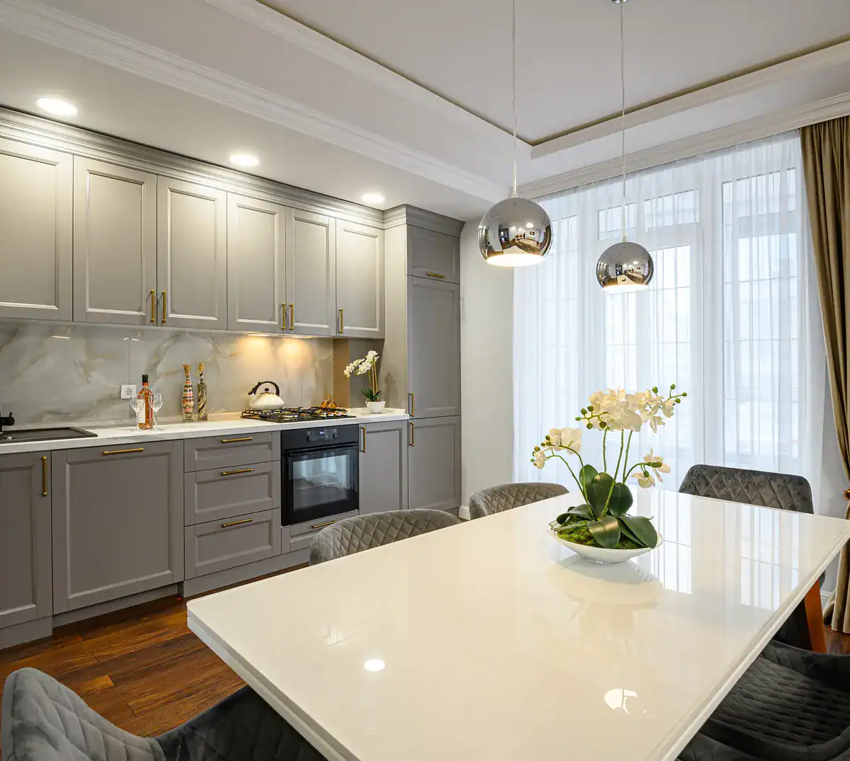 Gray and white kitchen