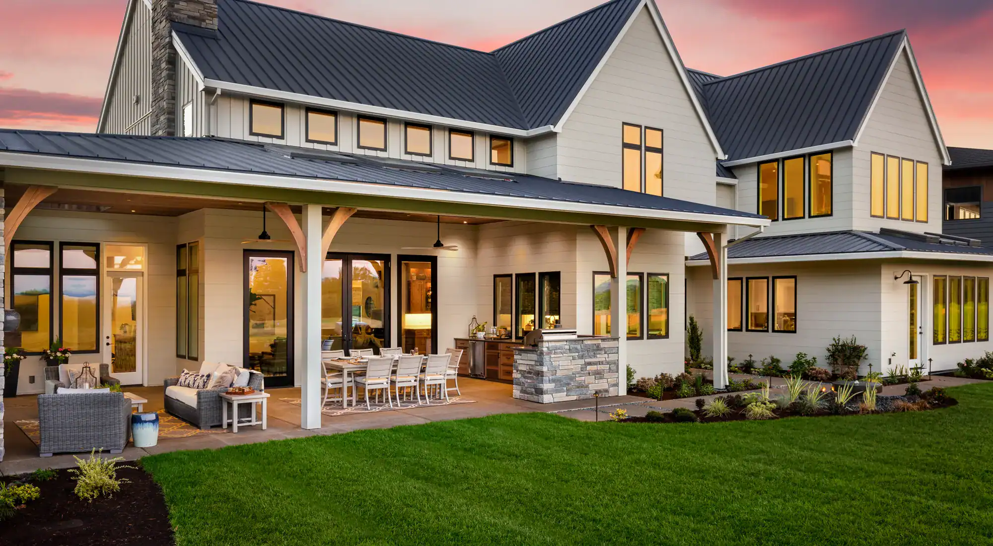 New home exterior at sunset