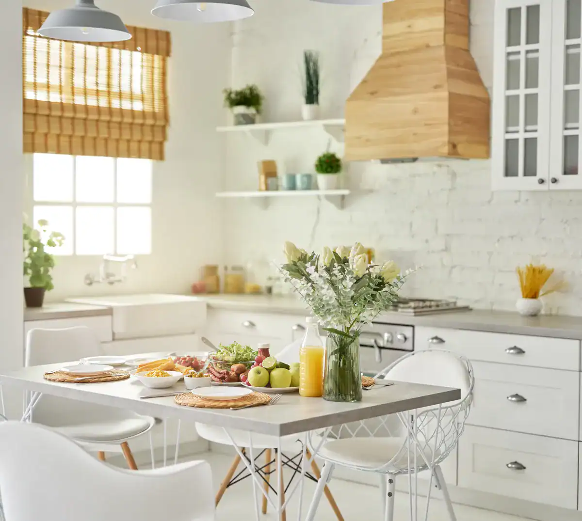 Bright white kitchen with open shelving