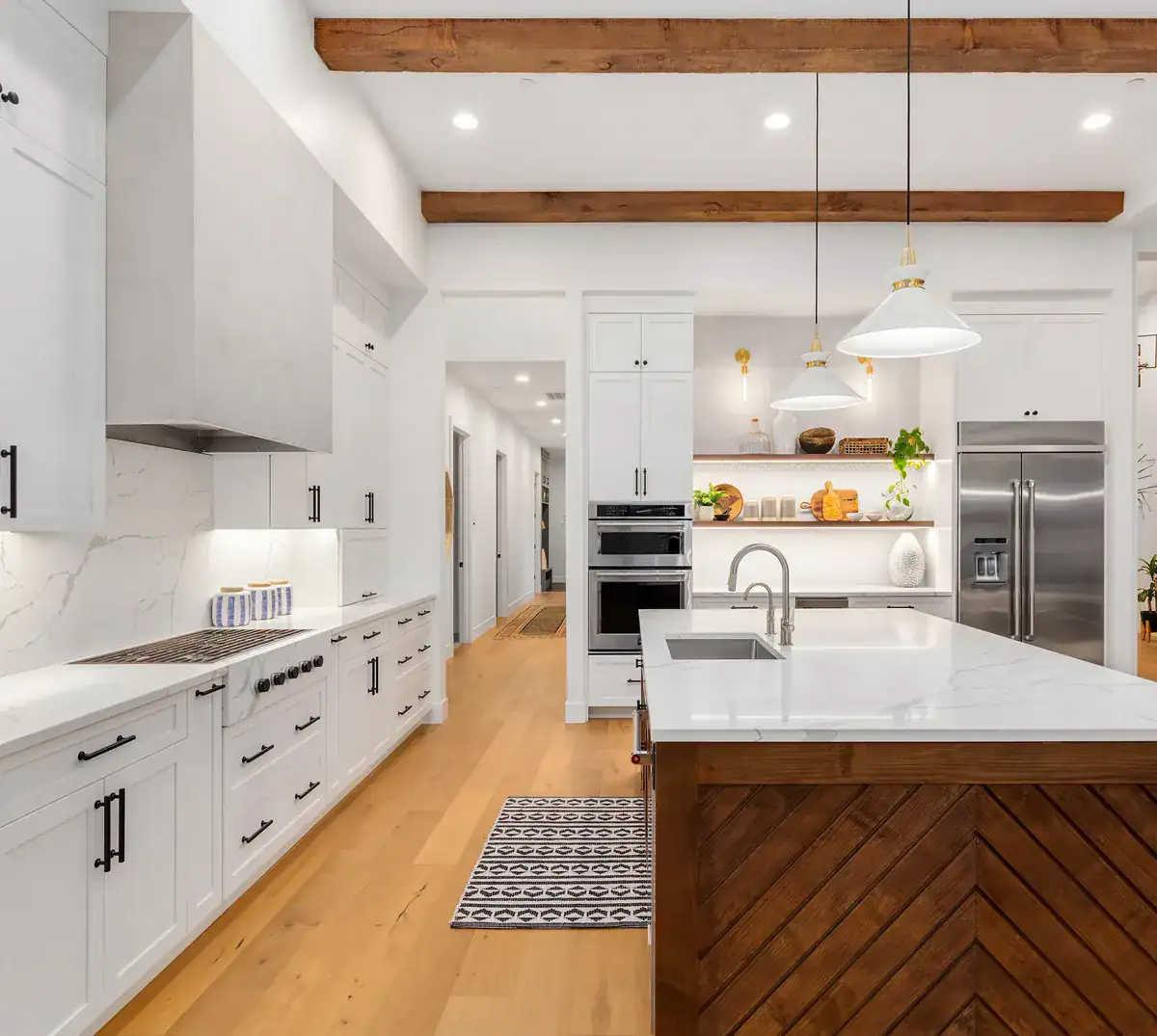 White kitchen with a large island