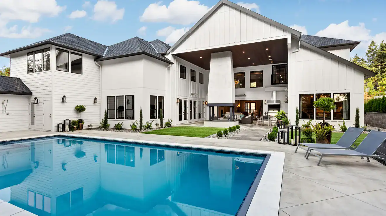 Home exterior with a large covered patio
