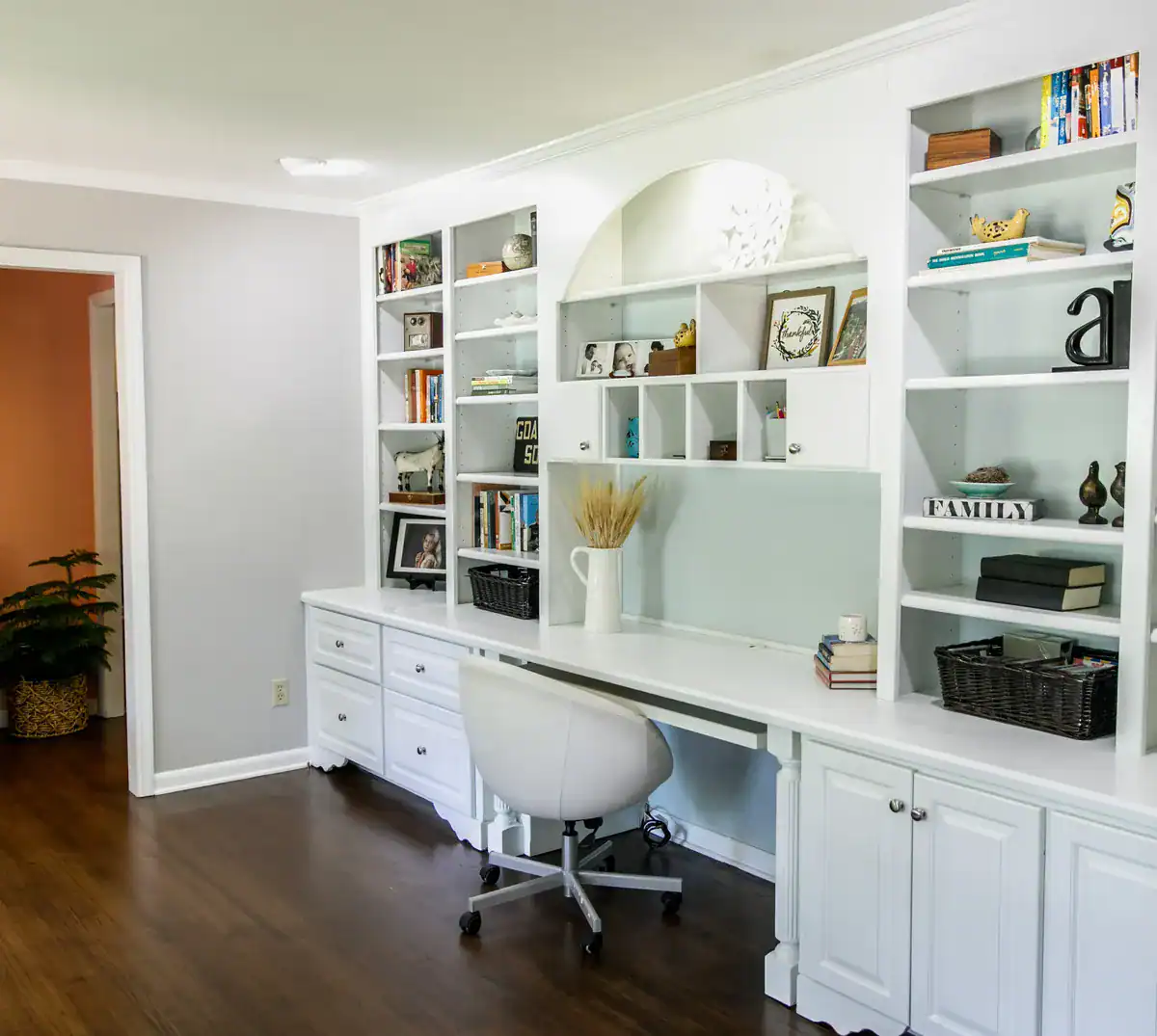 Living room with a home office corner