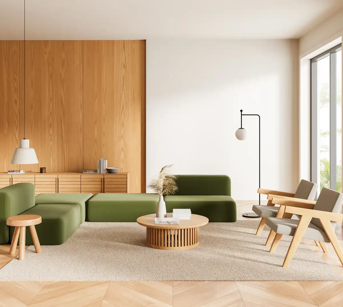 Living room with a green sofa
