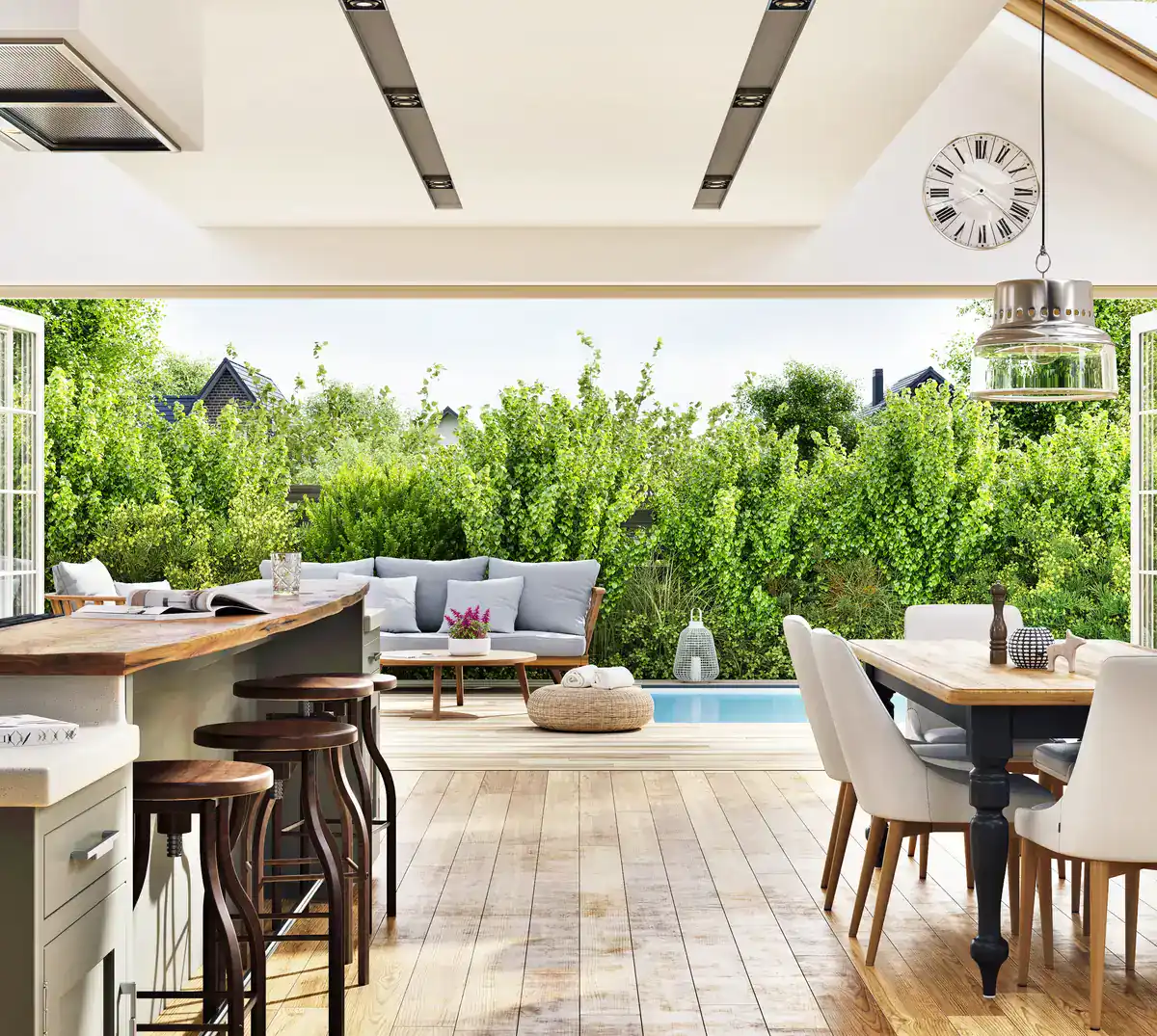 Modern kitchen overlooking a patio
