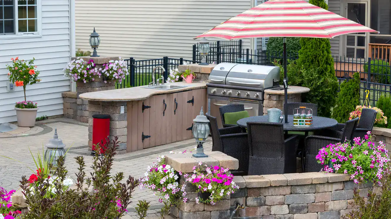 Outdoor patio with a kitchen area