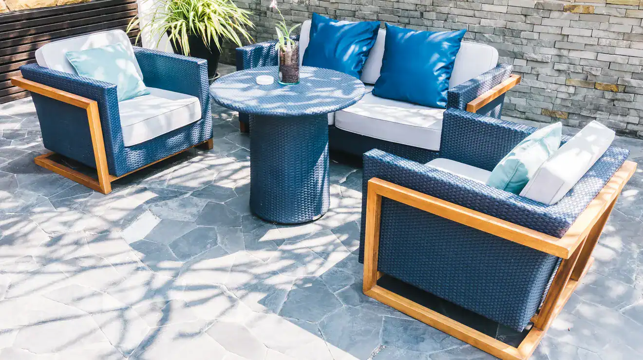 Outdoor patio with cushioned seating
