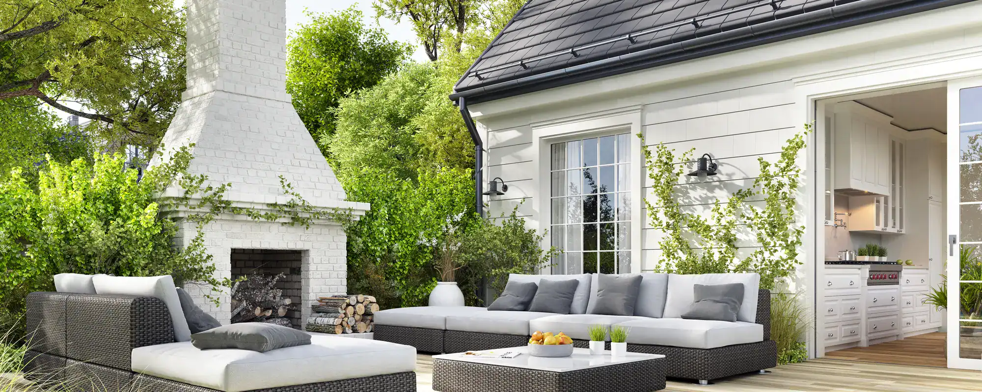 Patio with garden furniture beside a pool