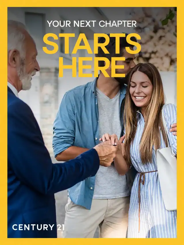 Century 21 poster reading Your next chapter starts here, showing an agent shaking hands with a smiling couple