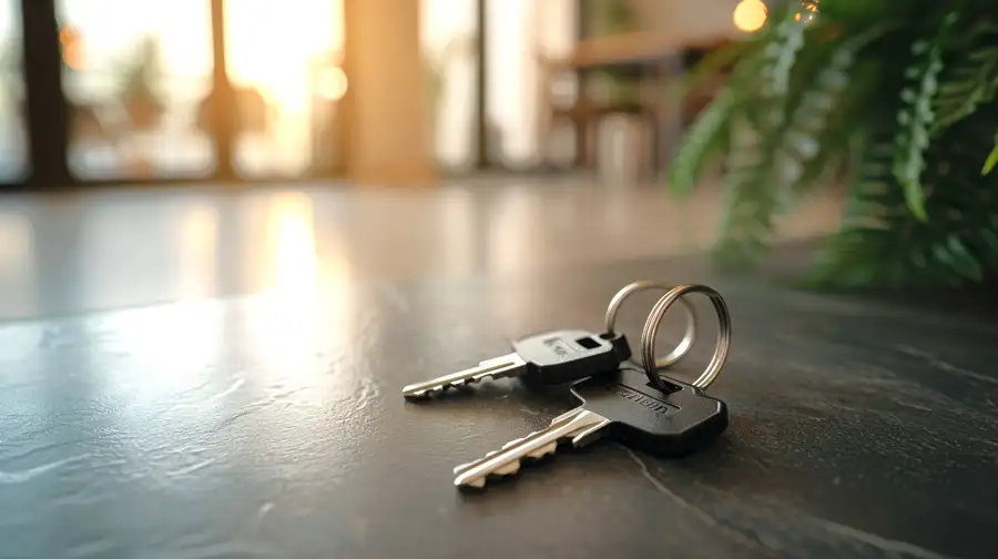 Keys on the floor against a blurred window backdrop