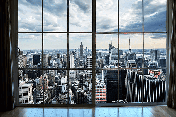 View of the Manhattan skyline from a New York City apartment window