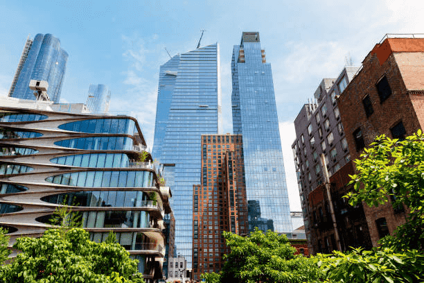 Modern luxury apartment buildings beside the High Line in Chelsea