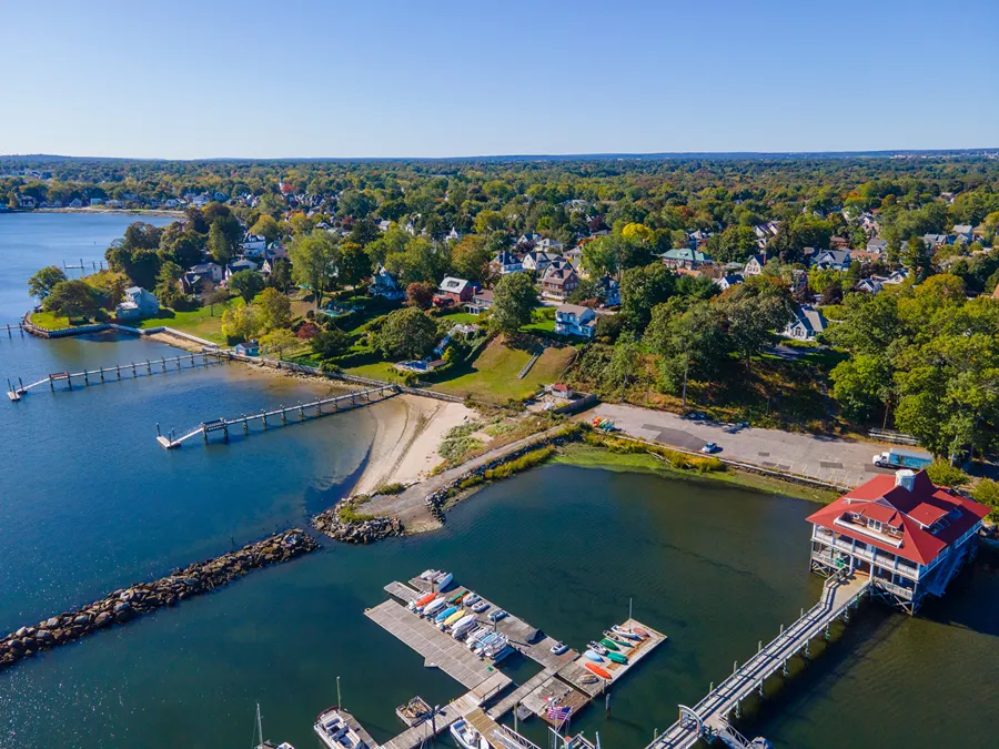 Edgewood Yacht Club aerial view from Providence River near river mouth to Narragansett Bay in city of Cranston, Rhode Island RI, USA