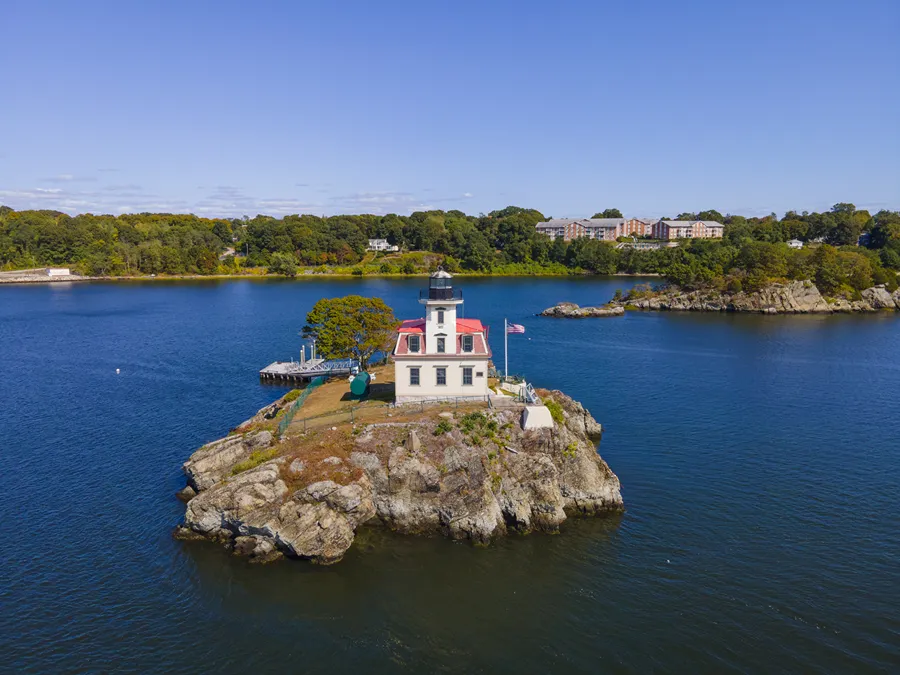 Aerial view of Pomham Rocks Lighthouse on Providence River near Narragansett Bay in East Providence, Rhode Island RI, USA