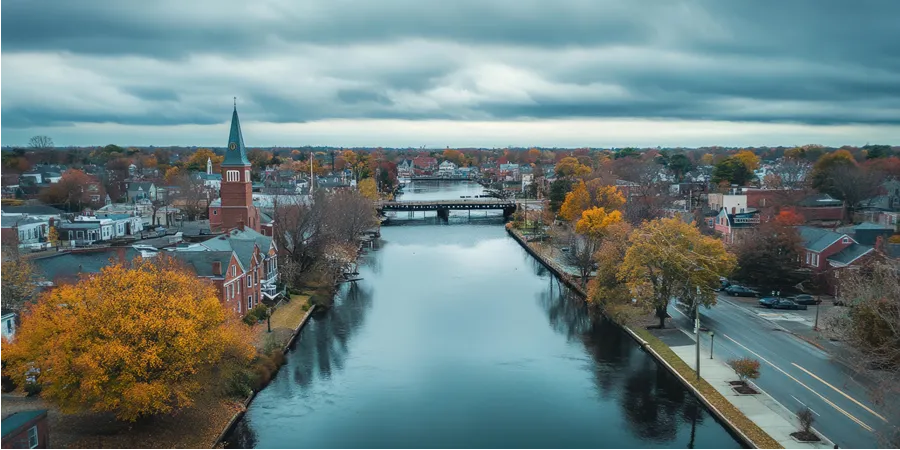 Pawtucket Rhode Island Aerial View with Overcast Skies over Seekonk River