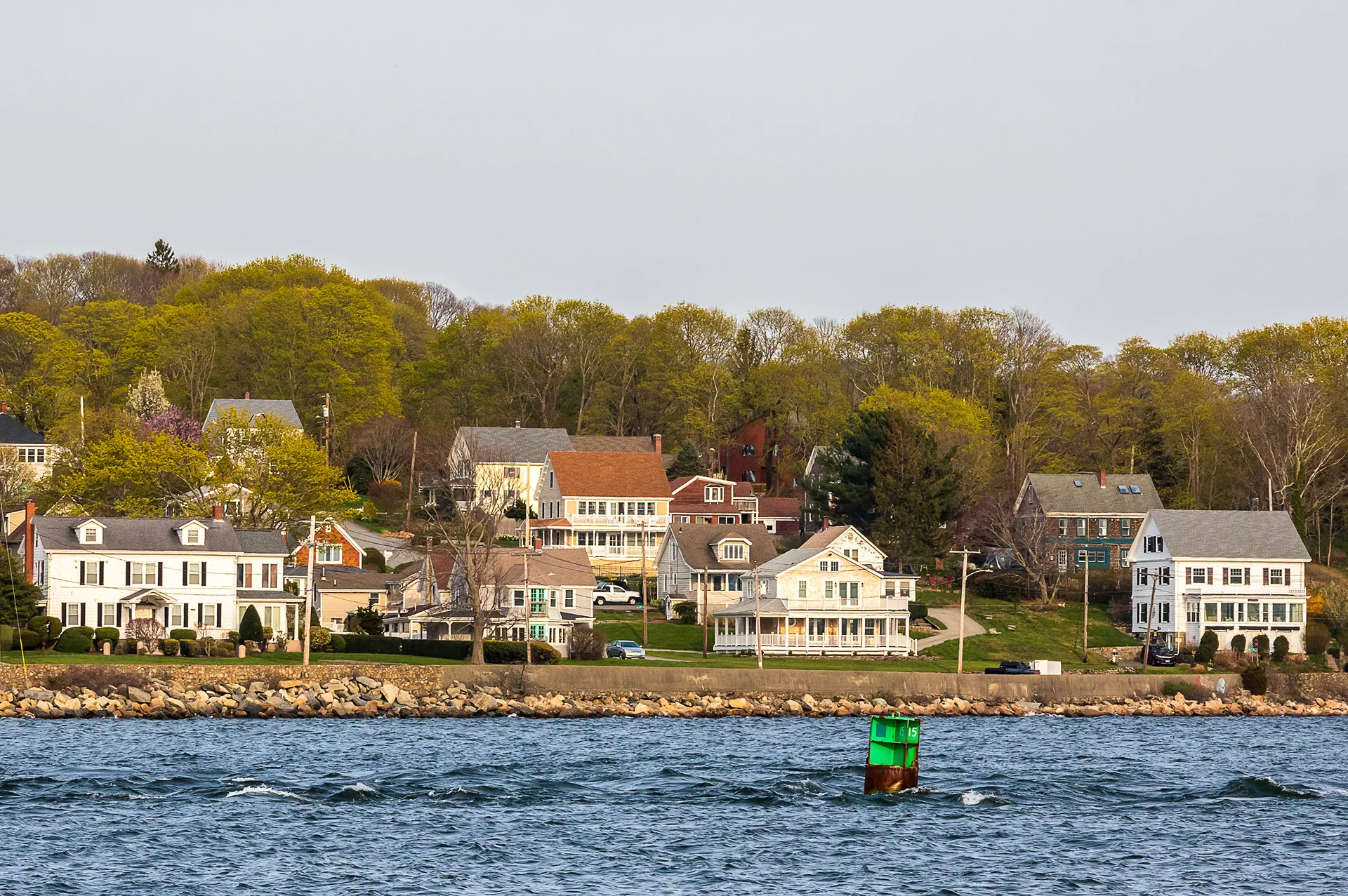 The view of Sakonnet River and a small residential neighborhood in Tiverton, Rhode Island