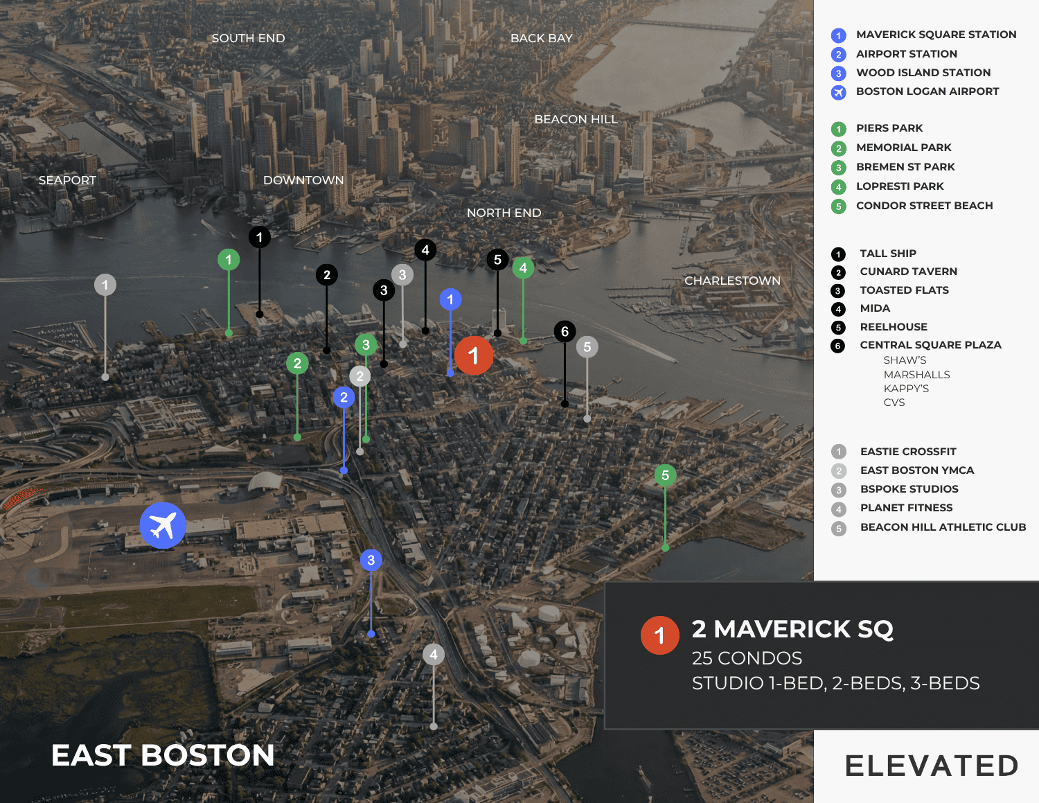 Map of East Boston with the best luxury condos at 2 Maverick Sq showing the best restaurants, best gyms, and best parks in East Boston. 