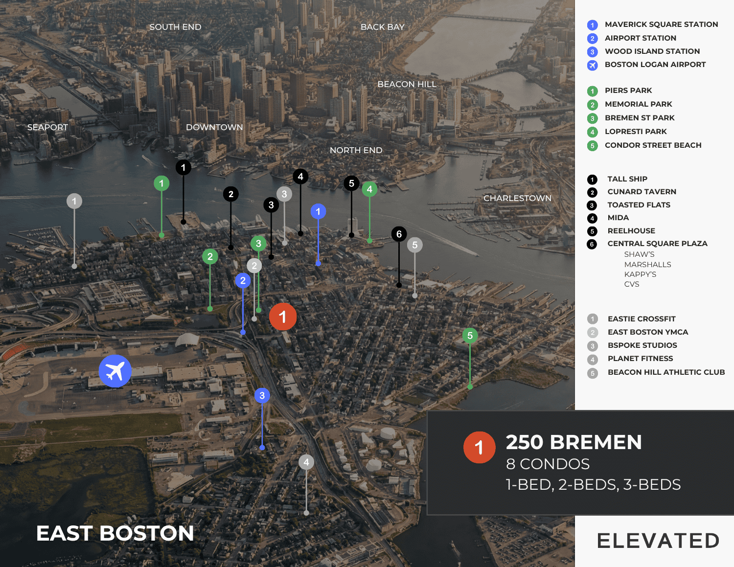 Map of East Boston with the best luxury condos at 250 Bremen St showing the best restaurants, best gyms, and best parks in East Boston.