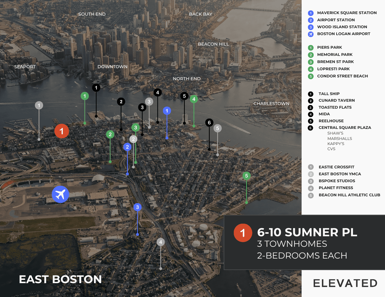 Map of East Boston with the best luxury townhomes at 6-10 Sumner Pl showing the best restaurants, best gyms, and best parks in East Boston.