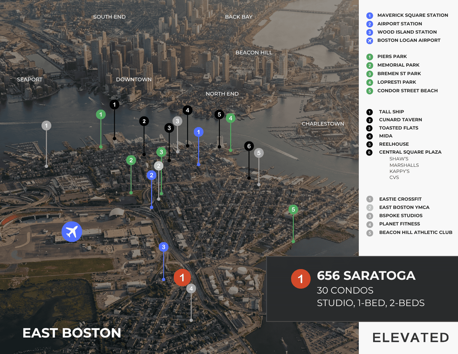 Map of East Boston with the best luxury condos at 656 Saratoga St showing the best restaurants, best gyms, and best parks in East Boston.
