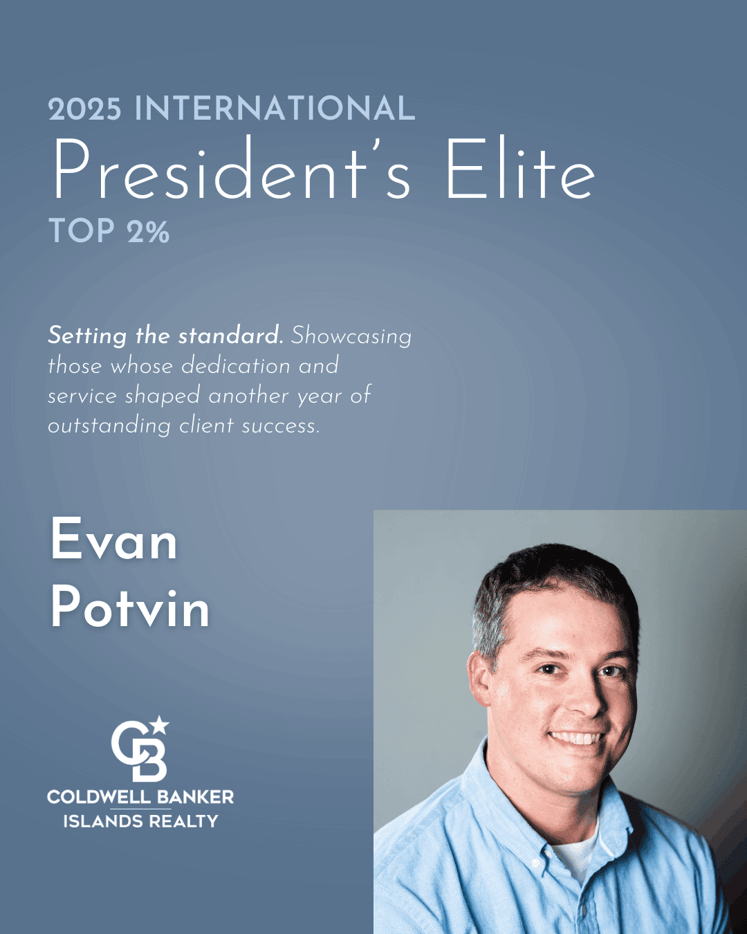 Evan Potvin was honored with the International President’s Elite Award, ranking him among the top 2% of Coldwell Banker agents globally.