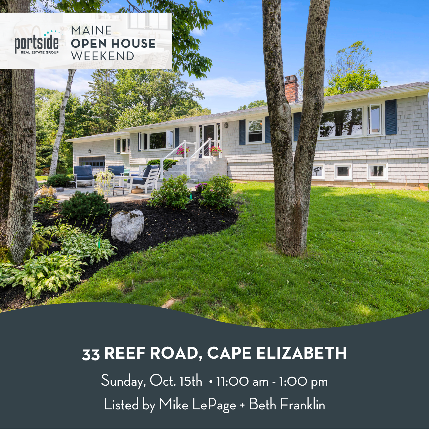 Portside Real Estate Group Open House, 33 Reef Road in Cape Elizabeth on Saturday, October 15th from 11am to 1pm. Listed by Mike LePage and Beth Franklin. A lovely ranch in Cape Elizabeth near local beaches.