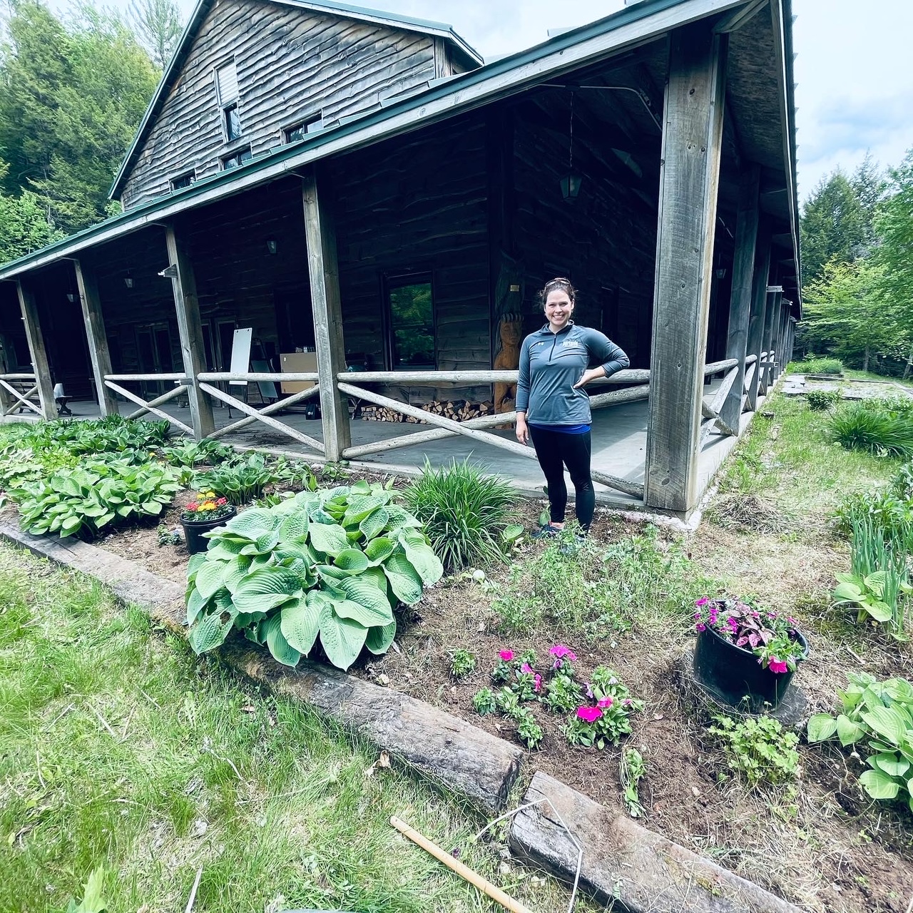 Person in front of cabin