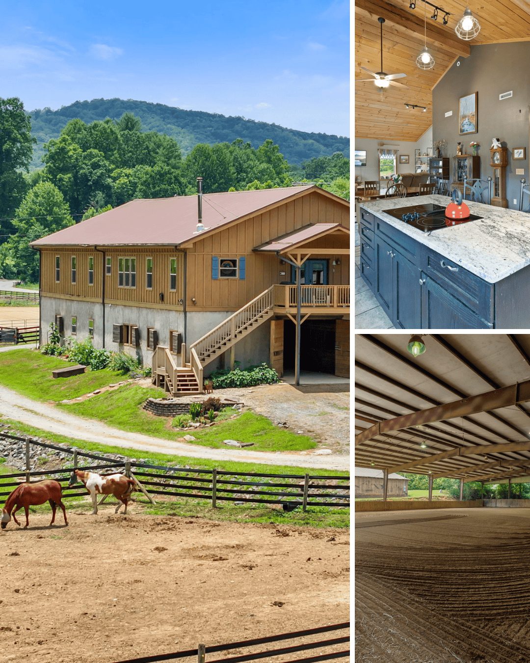 images of home exterior in the background of horse pasture with horses. Granite countertop island and vaulted ceilings interior shot. Horse training arena.