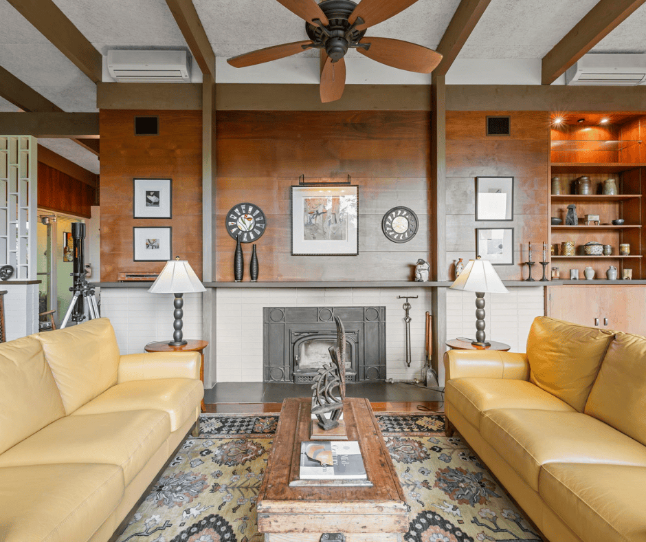 living room with tray ceiling and fireplace detail of 21 Rhododendron in Black Mountain