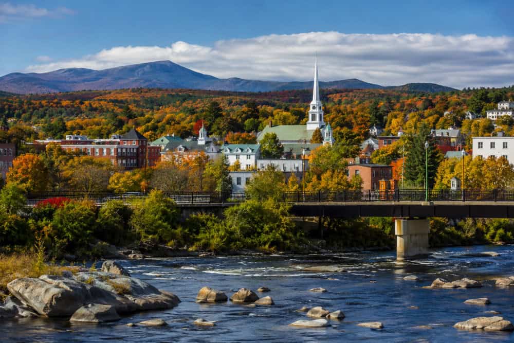 Vermont Town By The River in Autumn