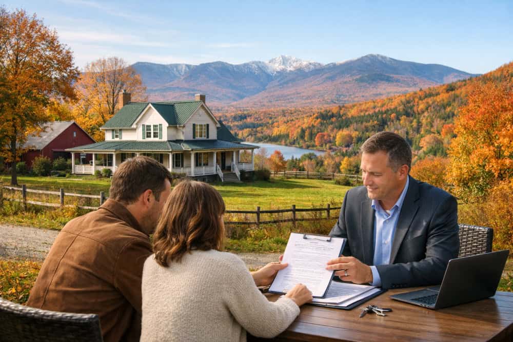 Real estate agent reviewing home purchase documents with buyers outside a Vermont farmhouse in a scenic mountain setting.