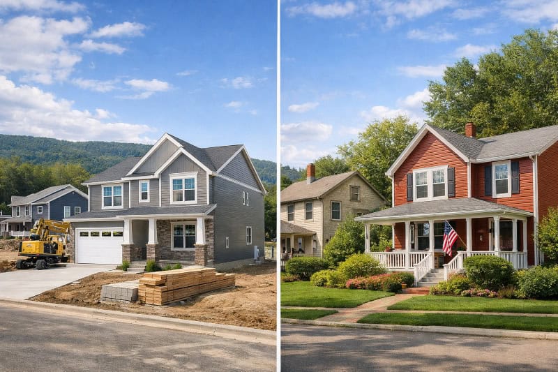 New construction home beside older house in Upstate New York showing modern vs traditional housing styles