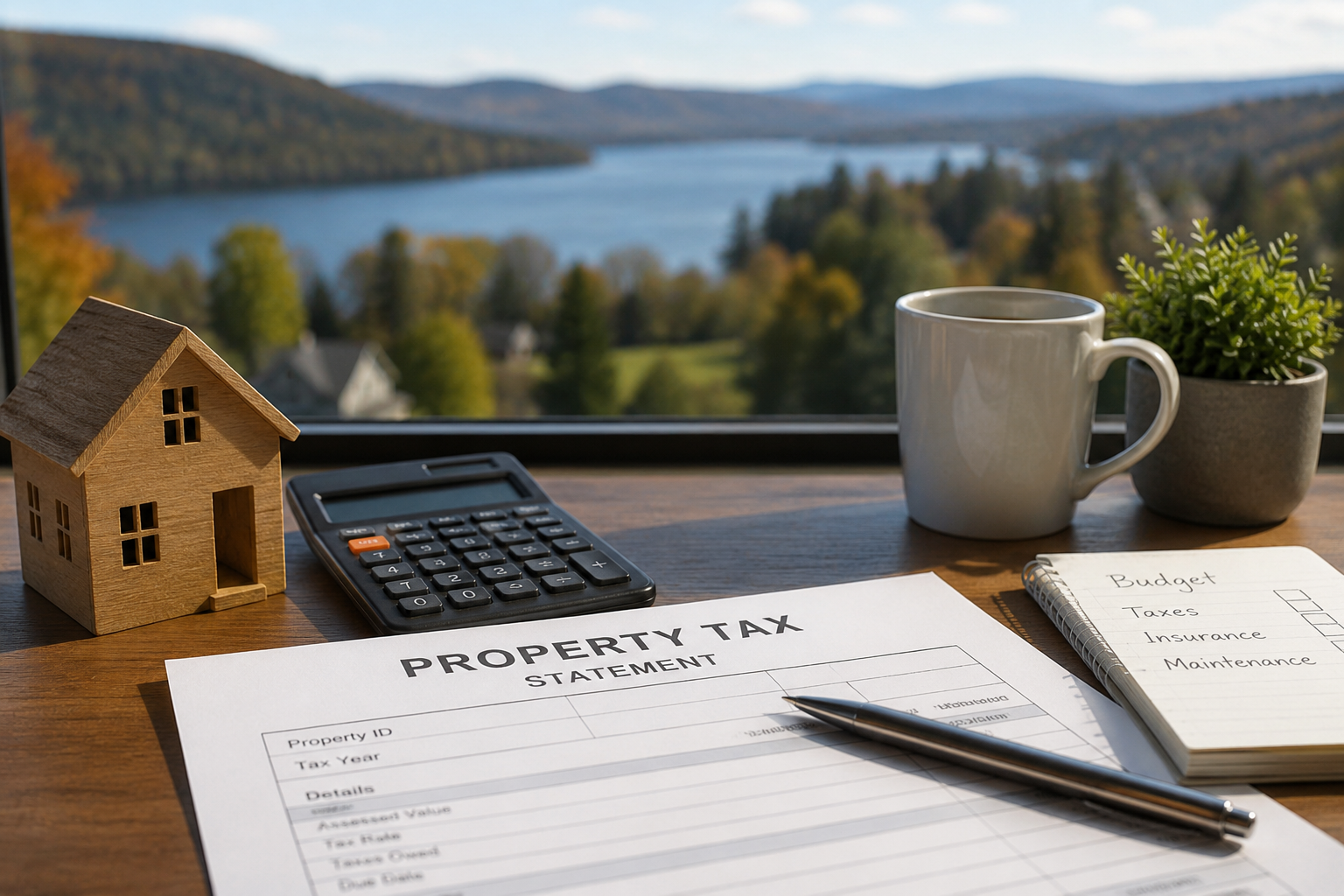 Property tax statement, calculator, and model home on a desk with an Upstate New York landscape in the background.