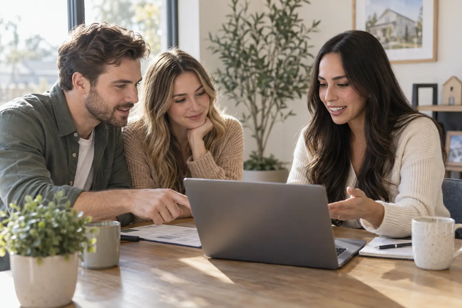 First-time home buyers discussing financing and their home purchase