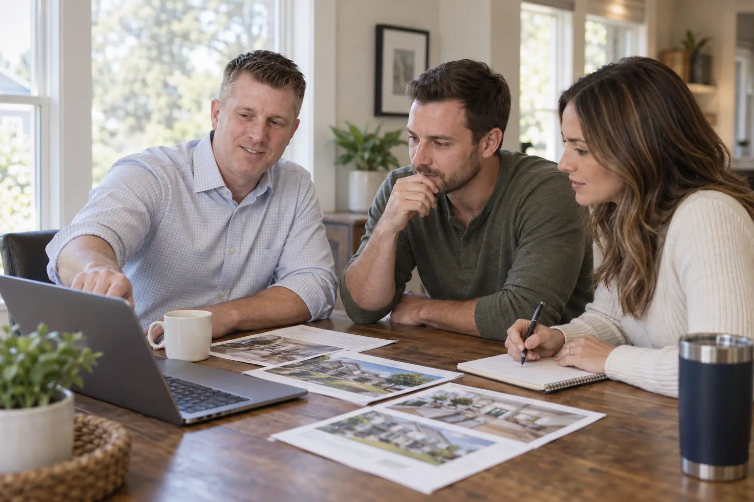 Real estate agent reviewing property information with home buyers before an offer
