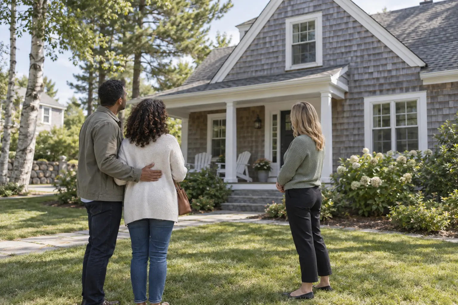 Home buyers discussing a potential offer with their real estate agent outside a house
