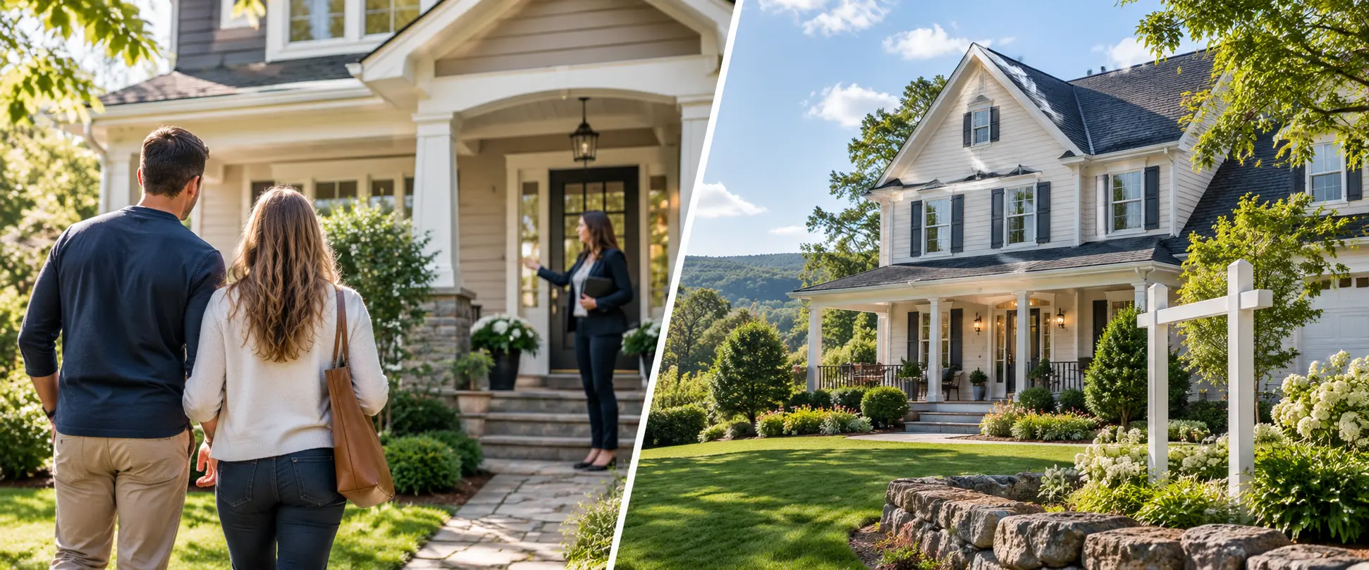 Buying and Selling a Home in New Hampshire Homebuyers touring a New England home alongside a home prepared for sale