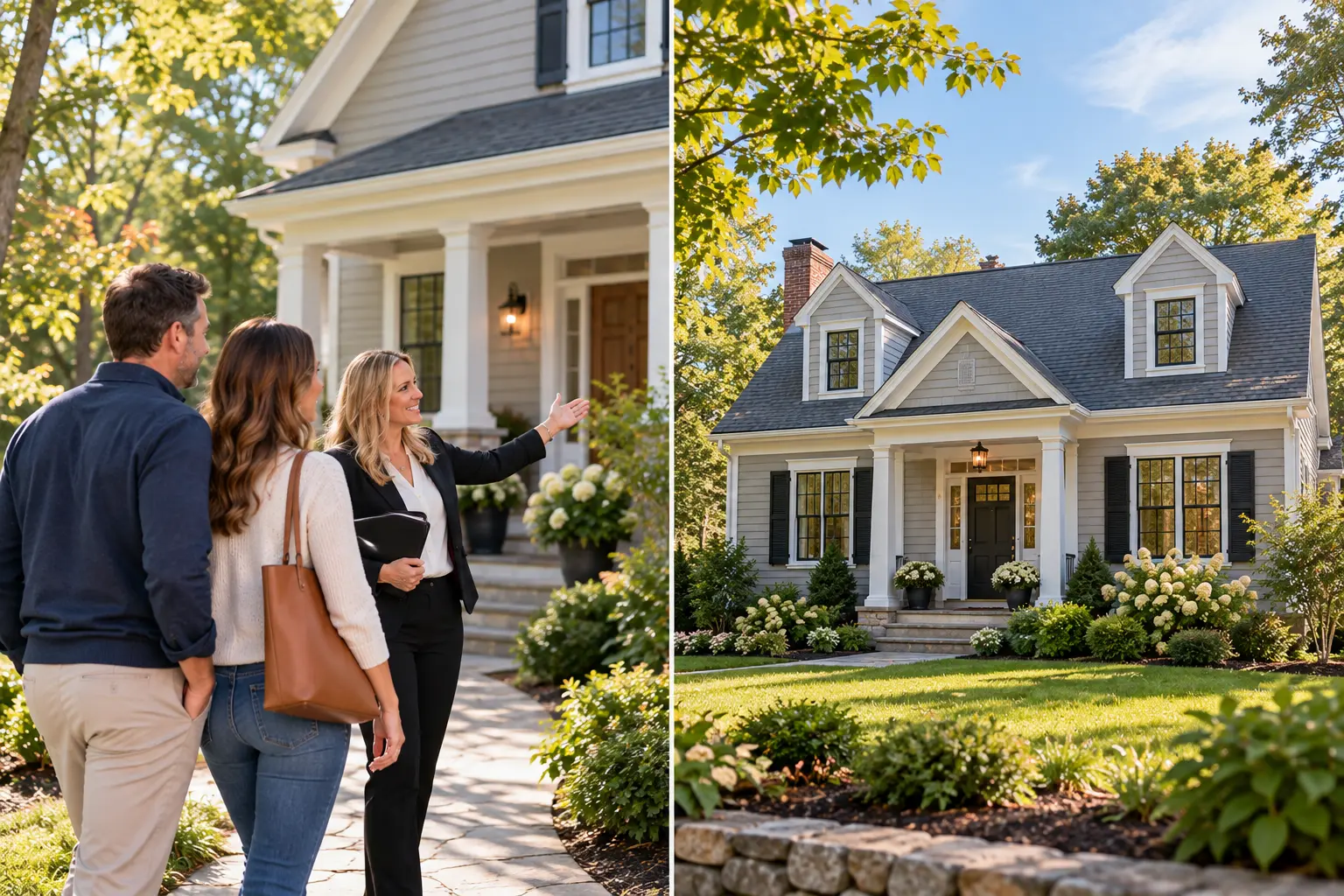 Homebuyers touring a New England home alongside a home prepared for sale